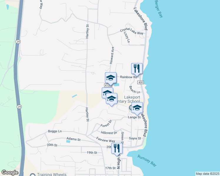map of restaurants, bars, coffee shops, grocery stores, and more near 2508 Howard Avenue in Lakeport