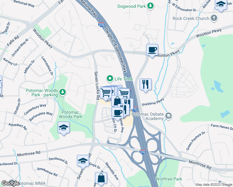 map of restaurants, bars, coffee shops, grocery stores, and more near 1211 Northside Park Boulevard in Rockville