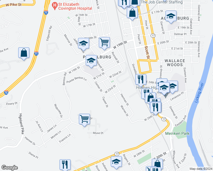 map of restaurants, bars, coffee shops, grocery stores, and more near 2220 Busse Street in Covington
