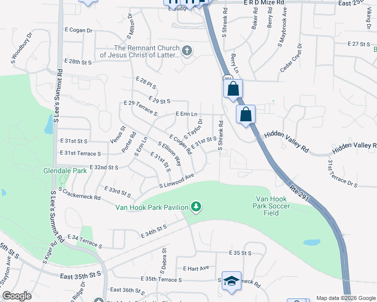 map of restaurants, bars, coffee shops, grocery stores, and more near 16900 East 31st Street South in Independence