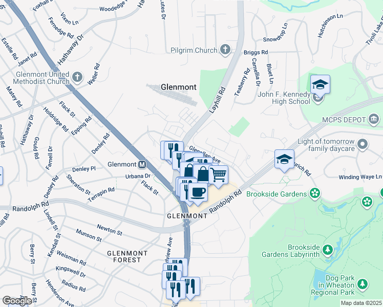 map of restaurants, bars, coffee shops, grocery stores, and more near 2307 Greenery Lane in Silver Spring