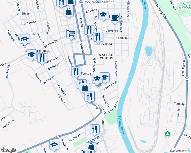 map of restaurants, bars, coffee shops, grocery stores, and more near 116 East 24th Street in Covington