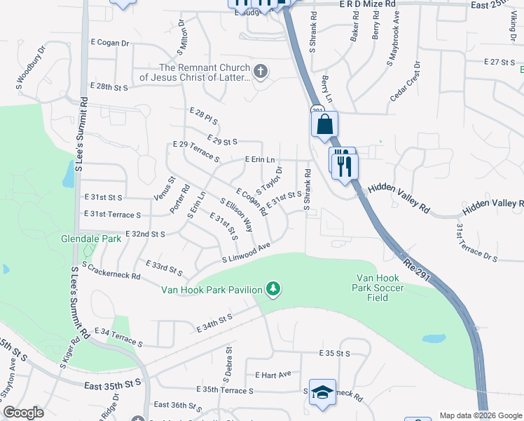 map of restaurants, bars, coffee shops, grocery stores, and more near 16900 East 31st Street South in Independence