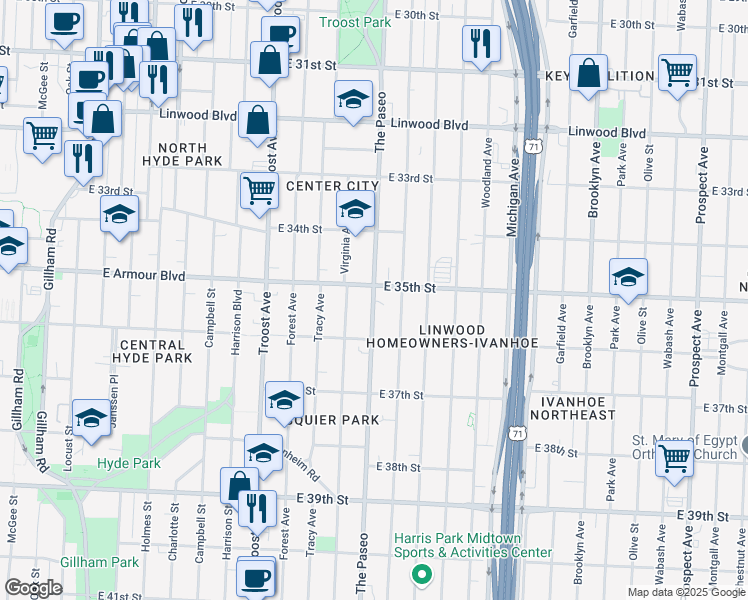 map of restaurants, bars, coffee shops, grocery stores, and more near in Kansas City