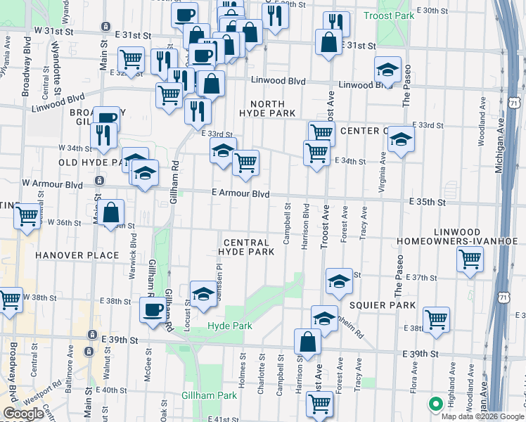 map of restaurants, bars, coffee shops, grocery stores, and more near 801 East Armour Boulevard in Kansas City