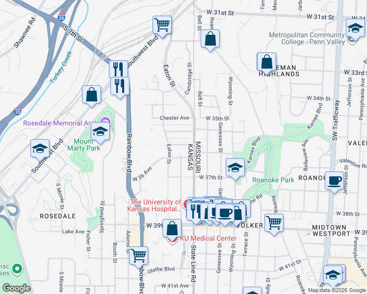 map of restaurants, bars, coffee shops, grocery stores, and more near 1912 Federal Avenue in Kansas City