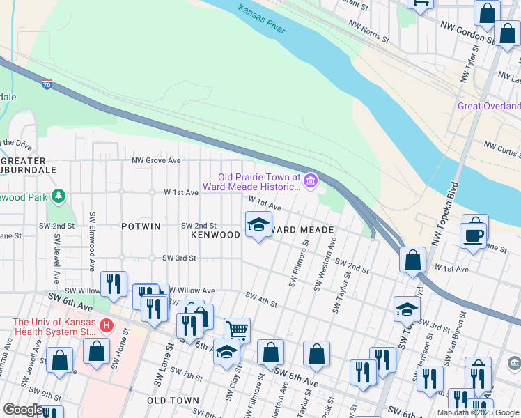 map of restaurants, bars, coffee shops, grocery stores, and more near 1211 West 1st Avenue in Topeka