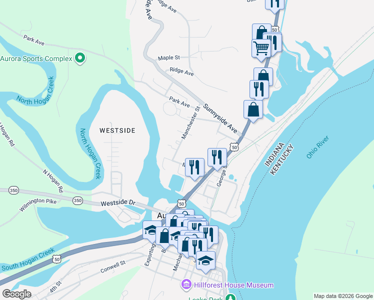 map of restaurants, bars, coffee shops, grocery stores, and more near 418 Manchester Street in Aurora
