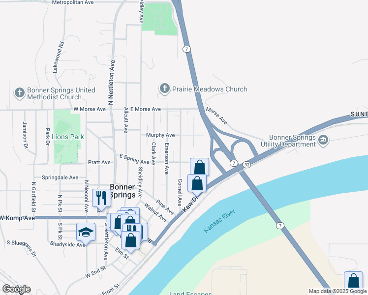map of restaurants, bars, coffee shops, grocery stores, and more near 225 Cornell Avenue in Bonner Springs