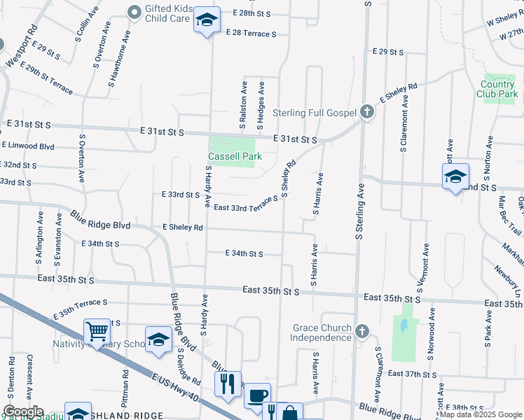 map of restaurants, bars, coffee shops, grocery stores, and more near 10701 East 33rd Terrace South in Independence