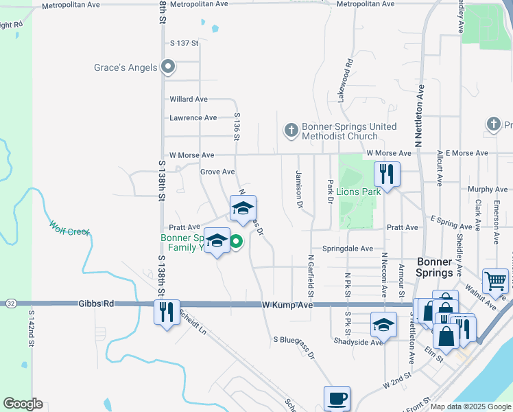 map of restaurants, bars, coffee shops, grocery stores, and more near 431 North Bluegrass Drive in Bonner Springs
