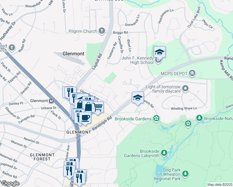map of restaurants, bars, coffee shops, grocery stores, and more near 12517 Winexburg Manor Drive in Silver Spring