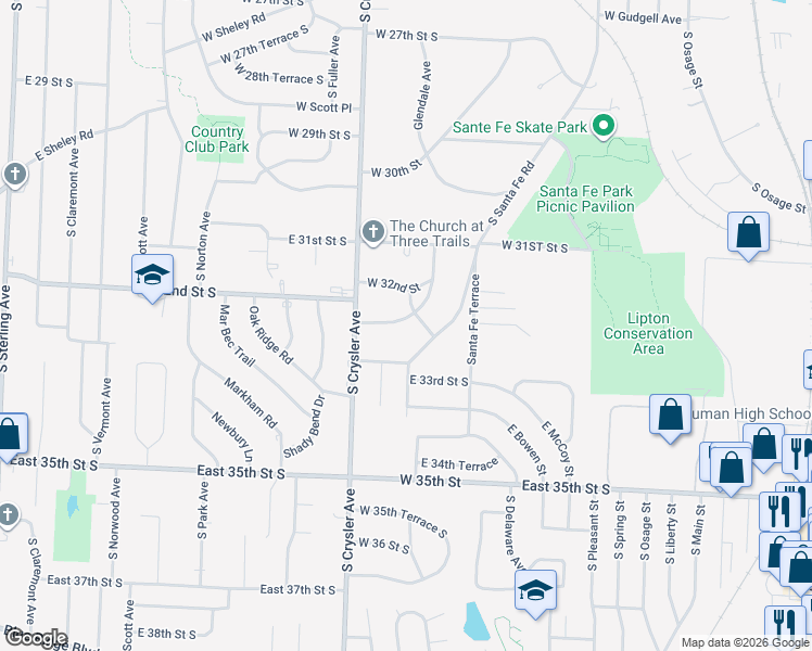 map of restaurants, bars, coffee shops, grocery stores, and more near 3220 West 32nd Street in Independence