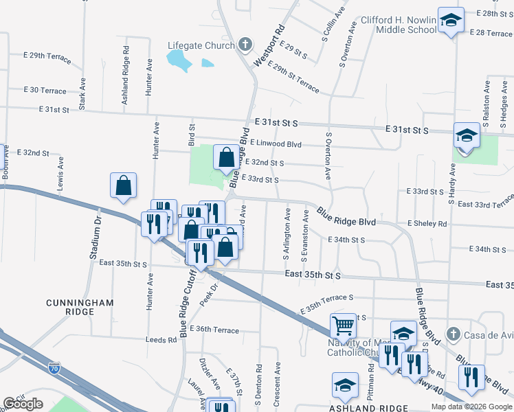 map of restaurants, bars, coffee shops, grocery stores, and more near 3320 Blue Ridge Boulevard in Independence