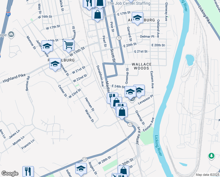 map of restaurants, bars, coffee shops, grocery stores, and more near 18 East 24th Street in Covington