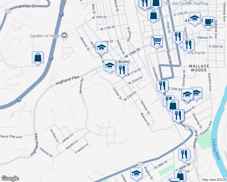 map of restaurants, bars, coffee shops, grocery stores, and more near 434 West 22nd Street in Covington