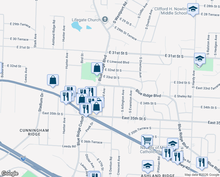 map of restaurants, bars, coffee shops, grocery stores, and more near 3320 Blue Ridge Boulevard in Independence