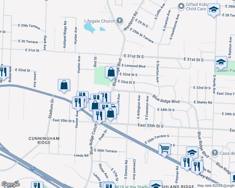 map of restaurants, bars, coffee shops, grocery stores, and more near 3305 Blue Ridge Boulevard in Independence