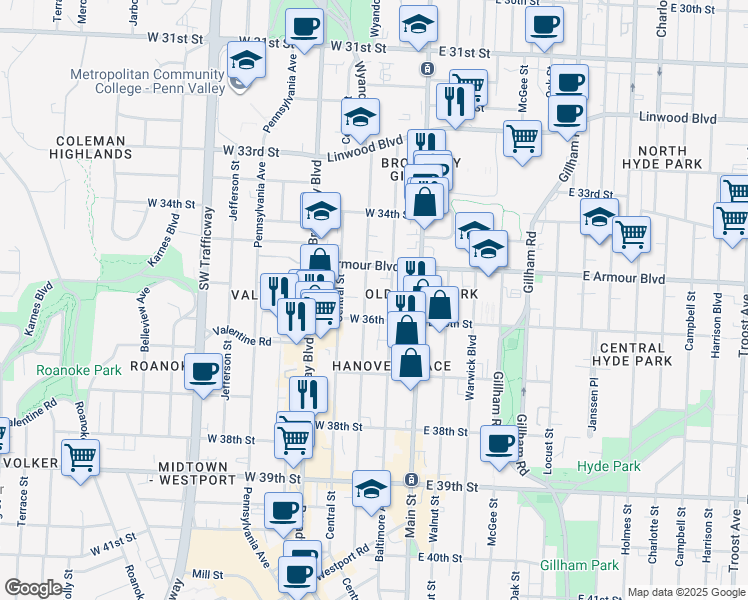 map of restaurants, bars, coffee shops, grocery stores, and more near 3520 Baltimore Avenue in Kansas City