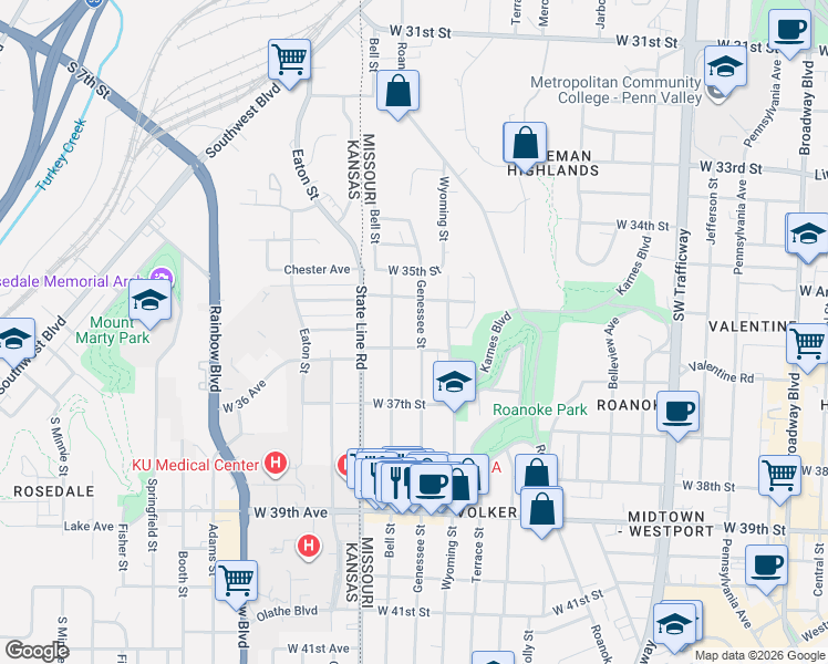 map of restaurants, bars, coffee shops, grocery stores, and more near 3542 Genessee Street in Kansas City