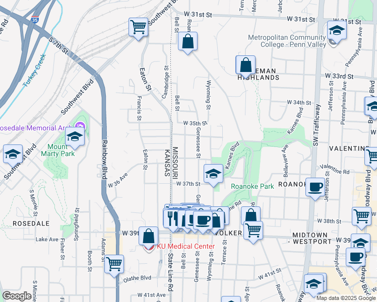 map of restaurants, bars, coffee shops, grocery stores, and more near 3544 Bell Street in Kansas City