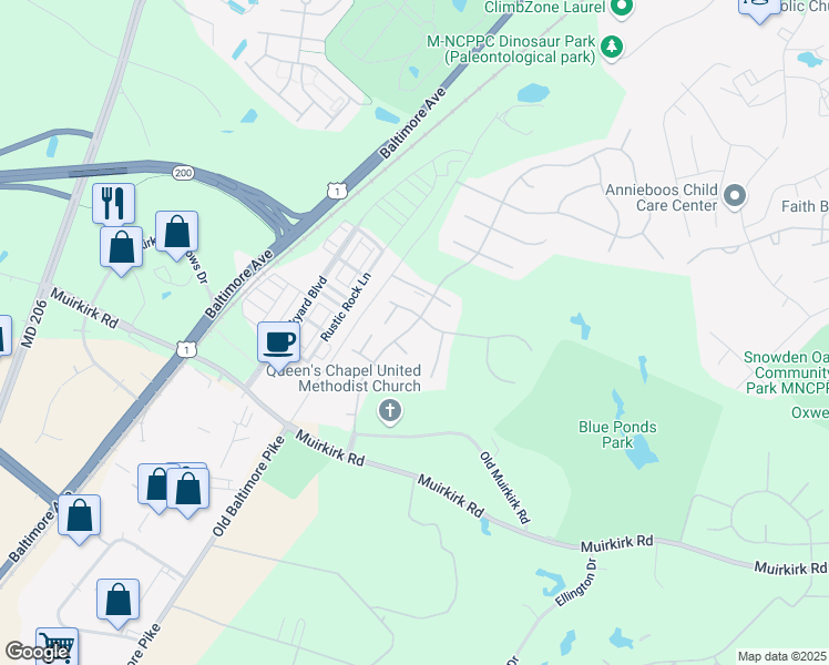 map of restaurants, bars, coffee shops, grocery stores, and more near 12605 Longwood Drive in Beltsville