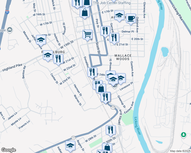map of restaurants, bars, coffee shops, grocery stores, and more near 18 East 24th Street in Covington