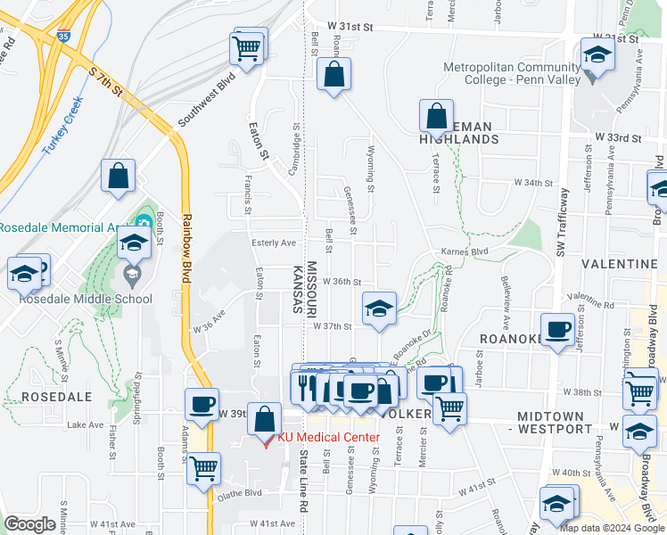 map of restaurants, bars, coffee shops, grocery stores, and more near 3551 Bell Street in Kansas City