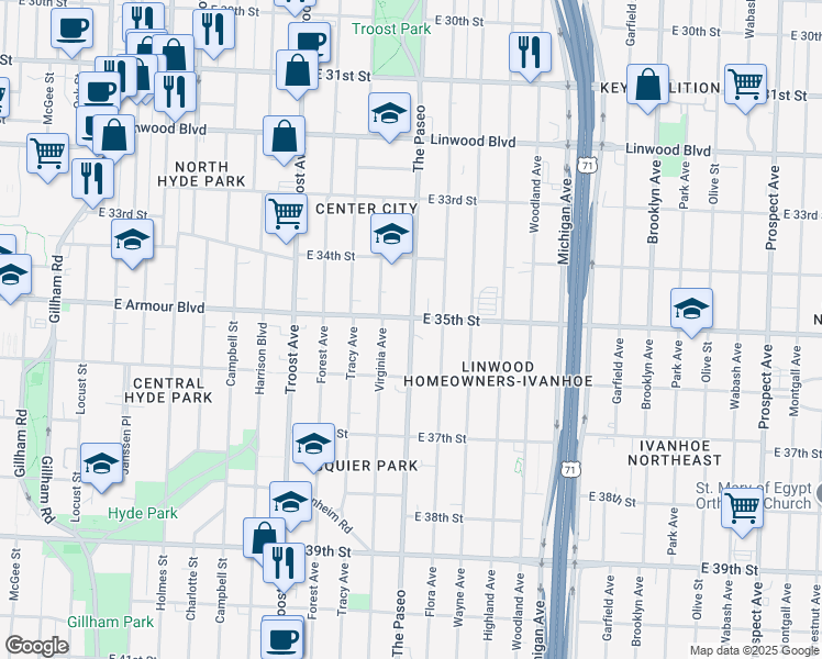 map of restaurants, bars, coffee shops, grocery stores, and more near 1901 The Paseo in Kansas City