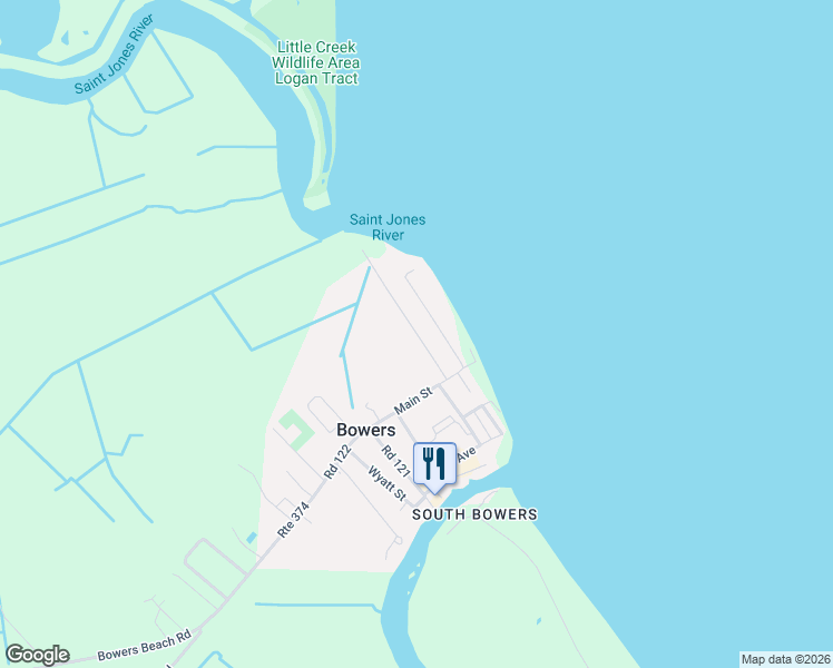 map of restaurants, bars, coffee shops, grocery stores, and more near 121 North Bayshore Drive in Frederica