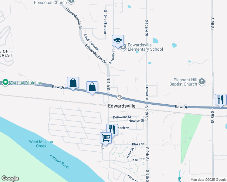 map of restaurants, bars, coffee shops, grocery stores, and more near 201 North 4th Street in Edwardsville