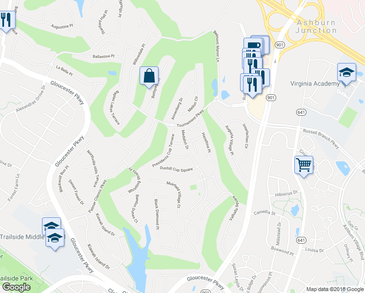 map of restaurants, bars, coffee shops, grocery stores, and more near 43619 Ryder Cup Square in Ashburn