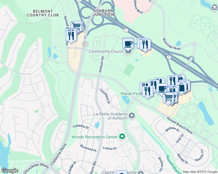map of restaurants, bars, coffee shops, grocery stores, and more near 20012 Coltsfoot Terrace in Ashburn