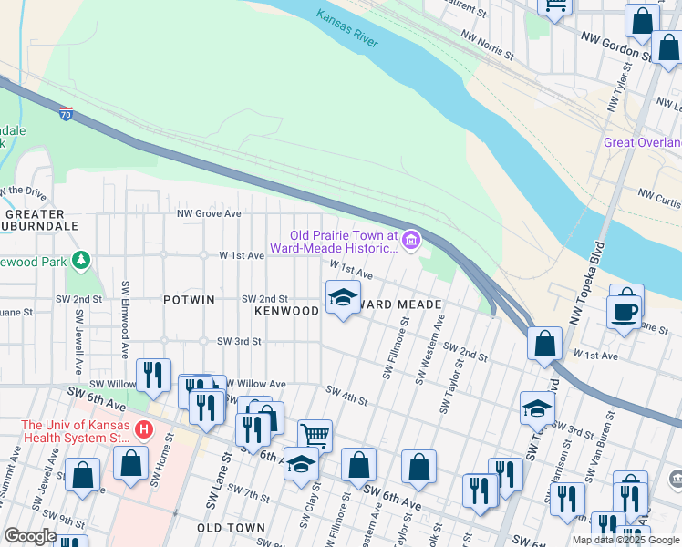 map of restaurants, bars, coffee shops, grocery stores, and more near 1211 West 1st Avenue in Topeka