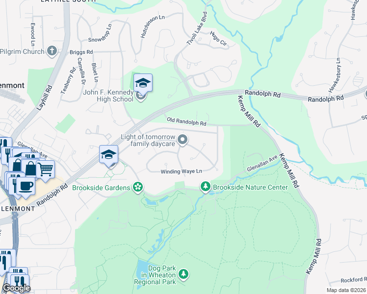 map of restaurants, bars, coffee shops, grocery stores, and more near 12605 Kuhl Road in Silver Spring