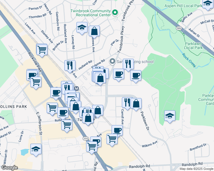 map of restaurants, bars, coffee shops, grocery stores, and more near Fishers Lane in North Bethesda