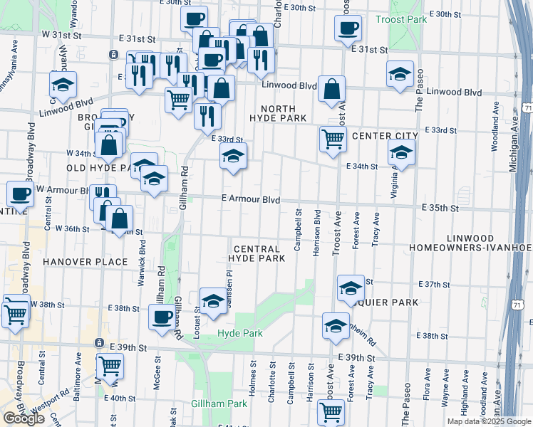 map of restaurants, bars, coffee shops, grocery stores, and more near 3617 Holmes Street in Kansas City