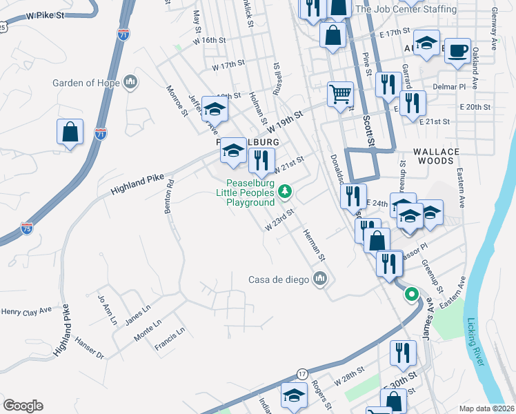map of restaurants, bars, coffee shops, grocery stores, and more near 434 West 22nd Street in Covington