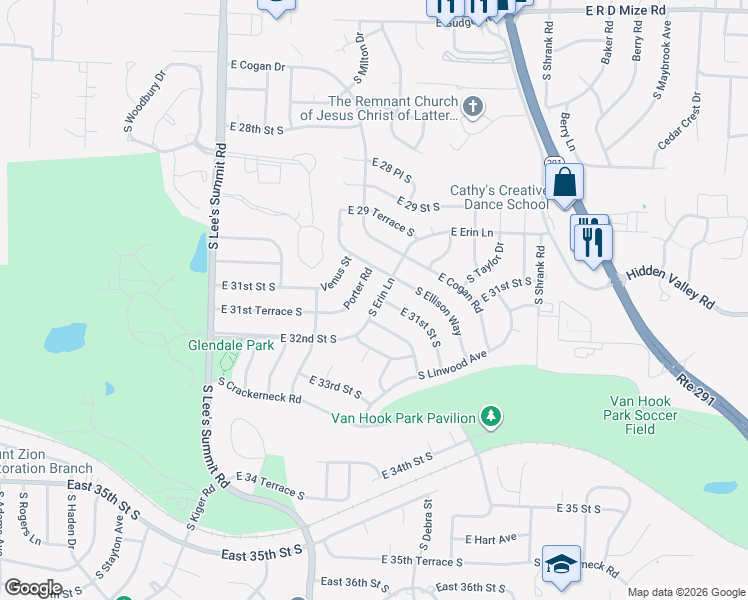 map of restaurants, bars, coffee shops, grocery stores, and more near 3100 South Erin Lane in Independence