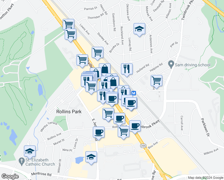 map of restaurants, bars, coffee shops, grocery stores, and more near 1600 Rockville Pike in Rockville