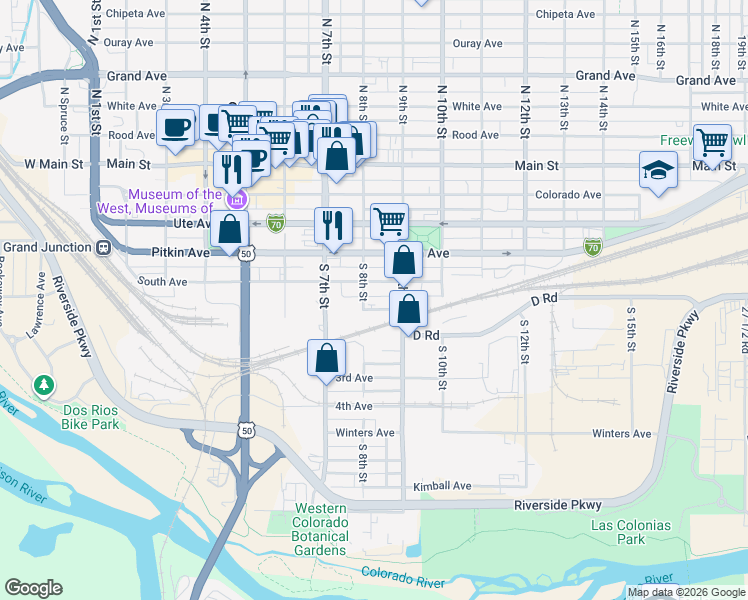 map of restaurants, bars, coffee shops, grocery stores, and more near in Grand Junction