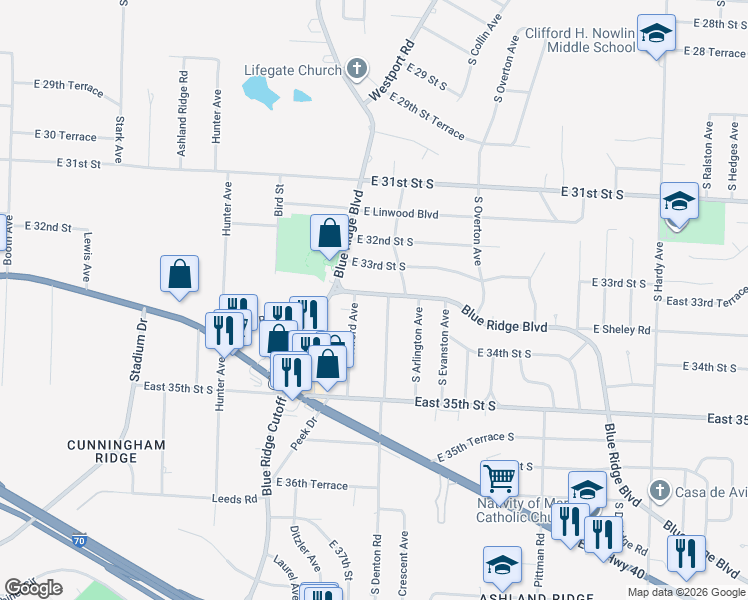 map of restaurants, bars, coffee shops, grocery stores, and more near 3320 Blue Ridge Boulevard in Independence