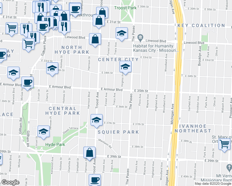 map of restaurants, bars, coffee shops, grocery stores, and more near in Kansas City