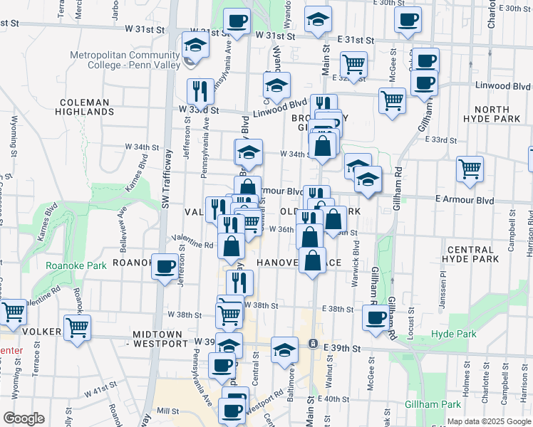 map of restaurants, bars, coffee shops, grocery stores, and more near 3525 Central Street in Kansas City