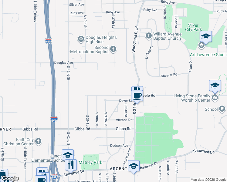 map of restaurants, bars, coffee shops, grocery stores, and more near 3620 Steele Road in Kansas City
