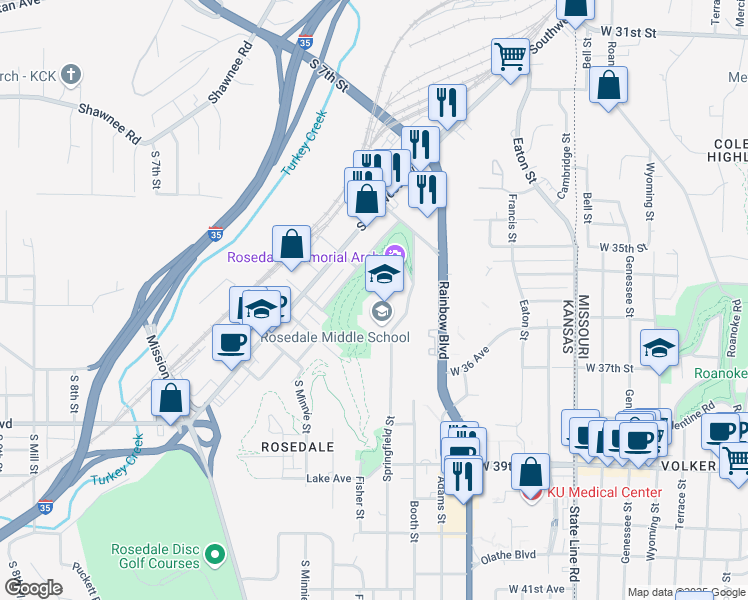 map of restaurants, bars, coffee shops, grocery stores, and more near 3600 Springfield Street in Kansas City
