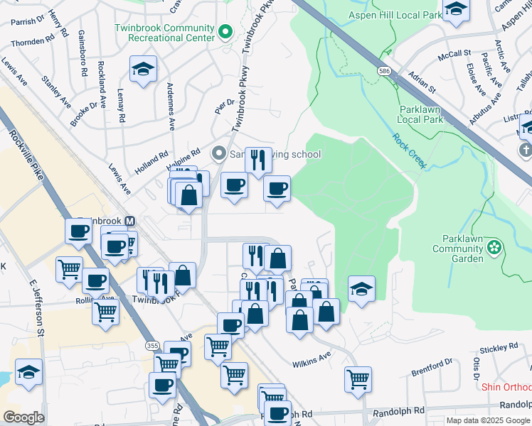 map of restaurants, bars, coffee shops, grocery stores, and more near Fishers Lane in North Bethesda
