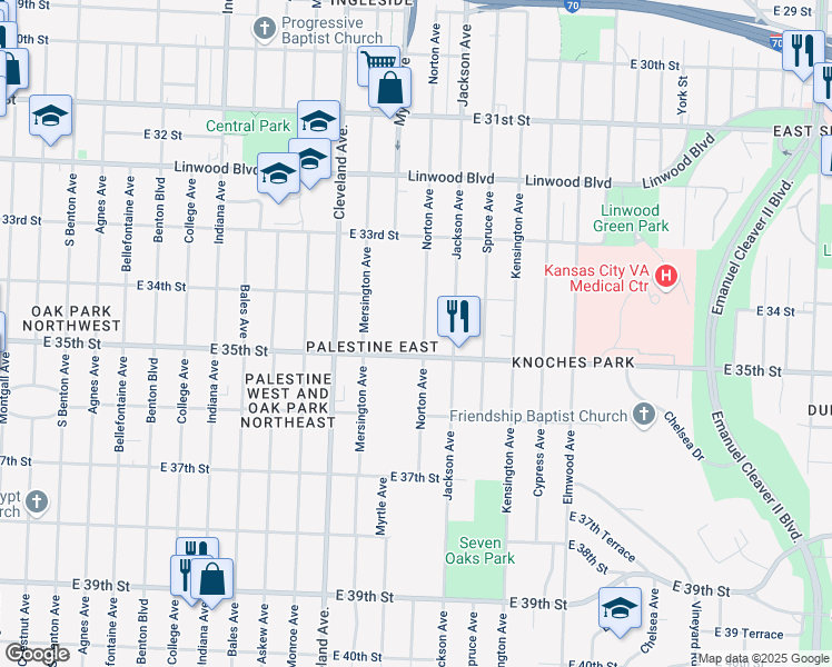 map of restaurants, bars, coffee shops, grocery stores, and more near 3426 Norton Avenue in Kansas City