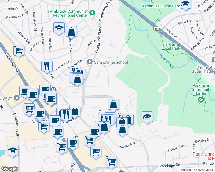 map of restaurants, bars, coffee shops, grocery stores, and more near 5601 Fishers Lane in Rockville
