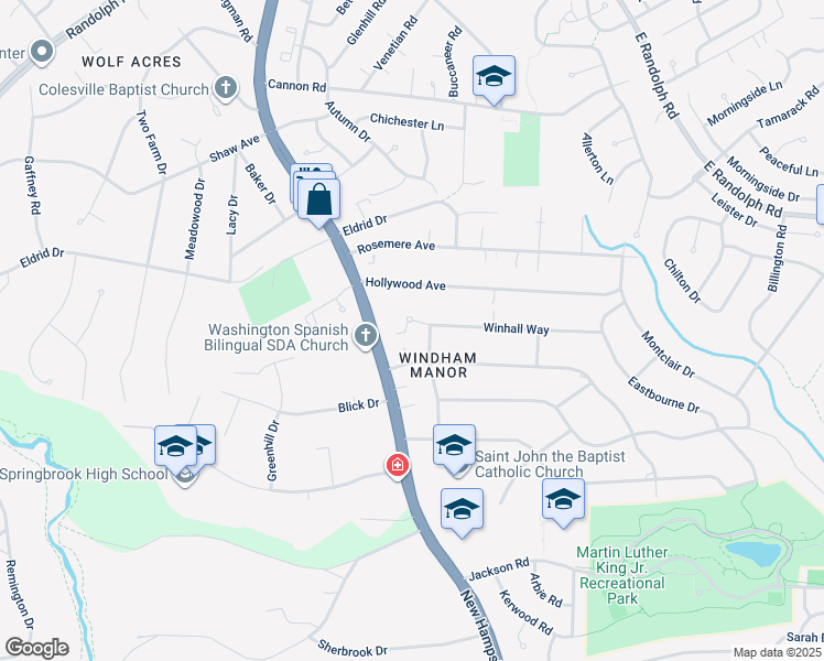 map of restaurants, bars, coffee shops, grocery stores, and more near 605 Winhall Way in Silver Spring